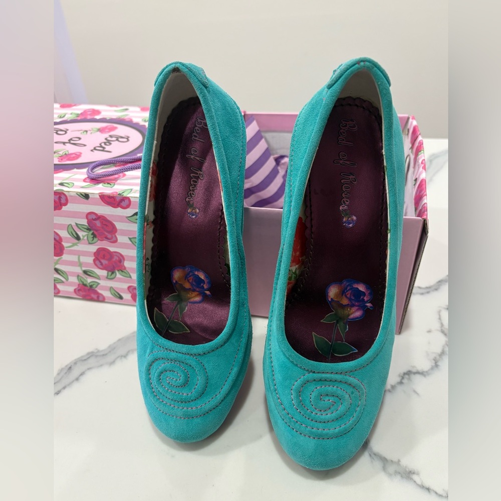 Teal Suede Heels with Spiral Design